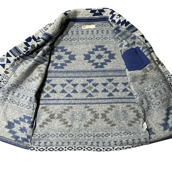 Levi's Fleece Cardigan Shawl Neck Southwest Aztec Geometric Jacket M Grey Blue - Picture 6 of 10